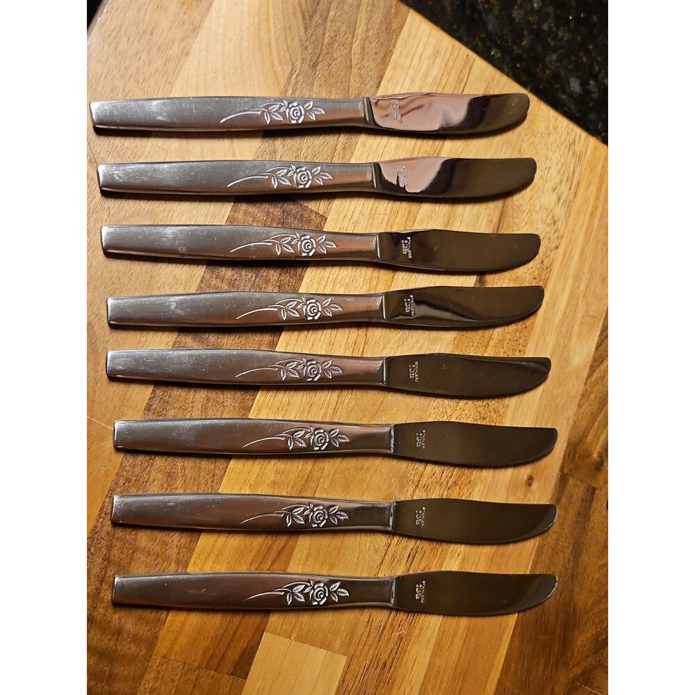 Set Of 8 Stainless Steel Japan Dinner Knives Elegant Indented Rose Pattern EUC